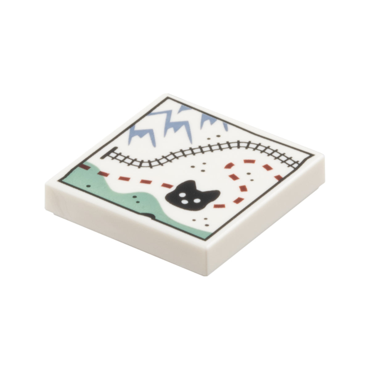LEGO® Tile 2 x 2 with Map, Sand Blue Mountains, Black Train Tracks and Fox Head, Reddish Brown Dotted Line Path, Sand Green Area Pattern 3068pb2658 weiss