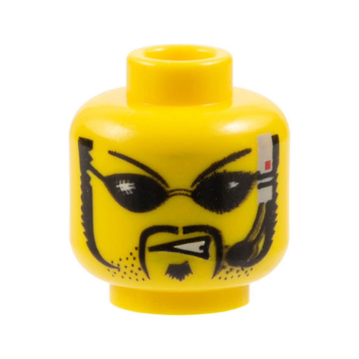 LEGO® Minifigure, Head Black Thin Eyebrows, Sunglasses, Moustache, Stubble and Soul Patch, Headset with Microphone, Angry Scowl with Teeth Pattern 3626pb0114 gelb