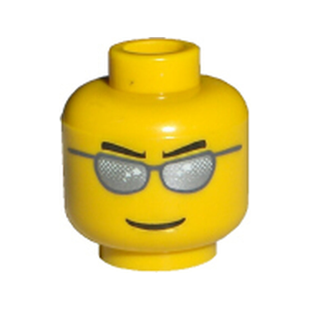LEGO® Minifigure, Head Glasses with Black Straight Eyebrows, Dark Bluish Gray Sunglasses with Silver Lenses, Grin Pattern 3626pb0193 gelb