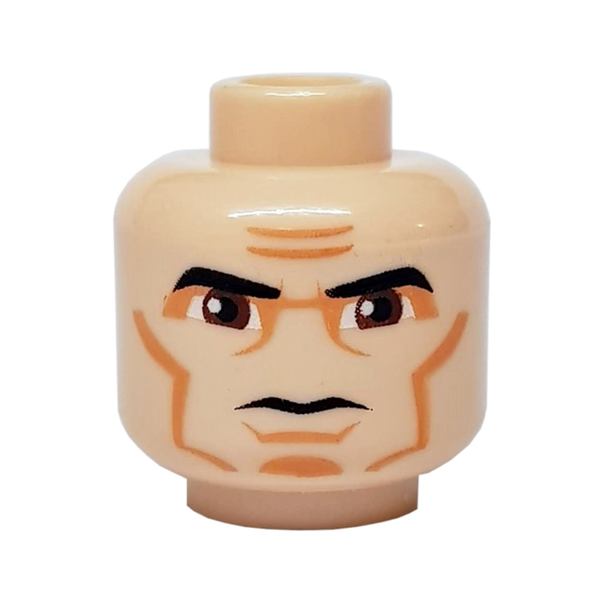 LEGO® Minifigure, Head Black Thick Eyebrows, Large Reddish Brown Eyes, Nougat Eye Shadow, Cheek Lines and Chin Dimple, Furrowed Brow, Stern Pattern 3626pb0314 hellnougat