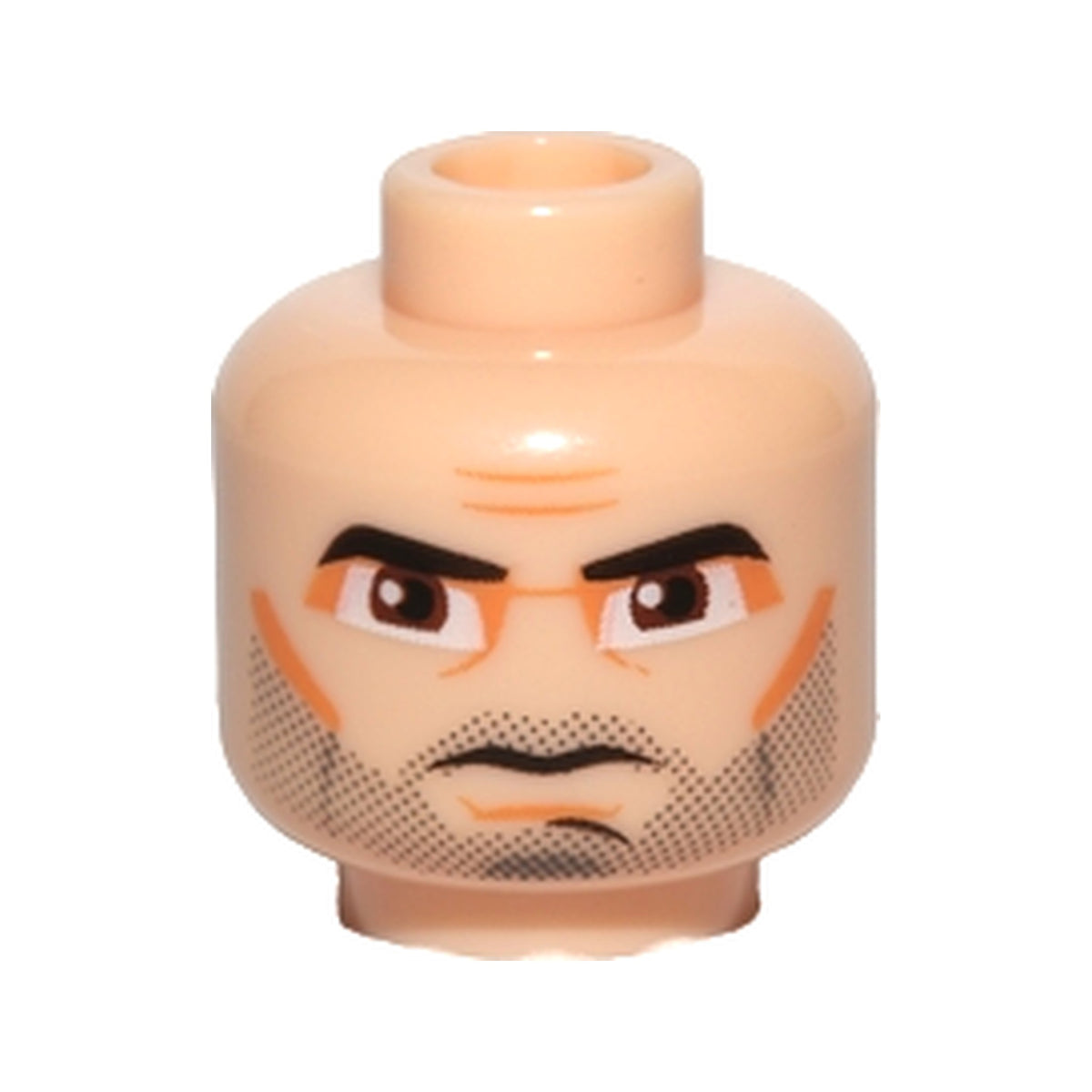 LEGO® Minifigure, Head Black Thick Eyebrows and Beard Stubble, Large Reddish Brown Eyes, Nougat Eye Shadow, Cheek Lines and Chin Dimple, Furrowed Brow, Stern Pattern 3626pb0317 hellnougat