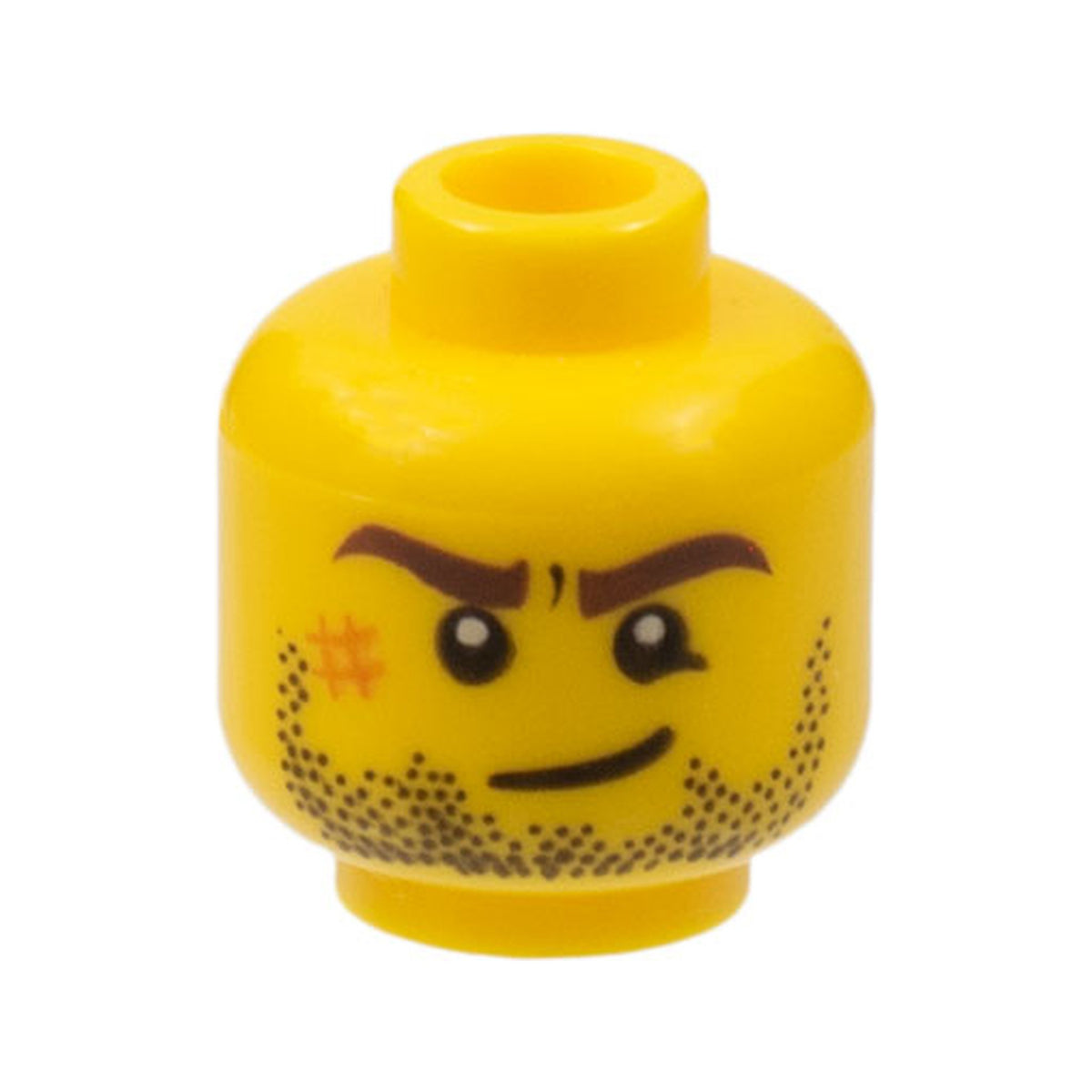LEGO® Minifigure, Head Dark Brown Eyebrows, Black Beard Stubble, Dark Orange Scuff Mark, Lopsided Grin Pattern 3626pb0495 gelb