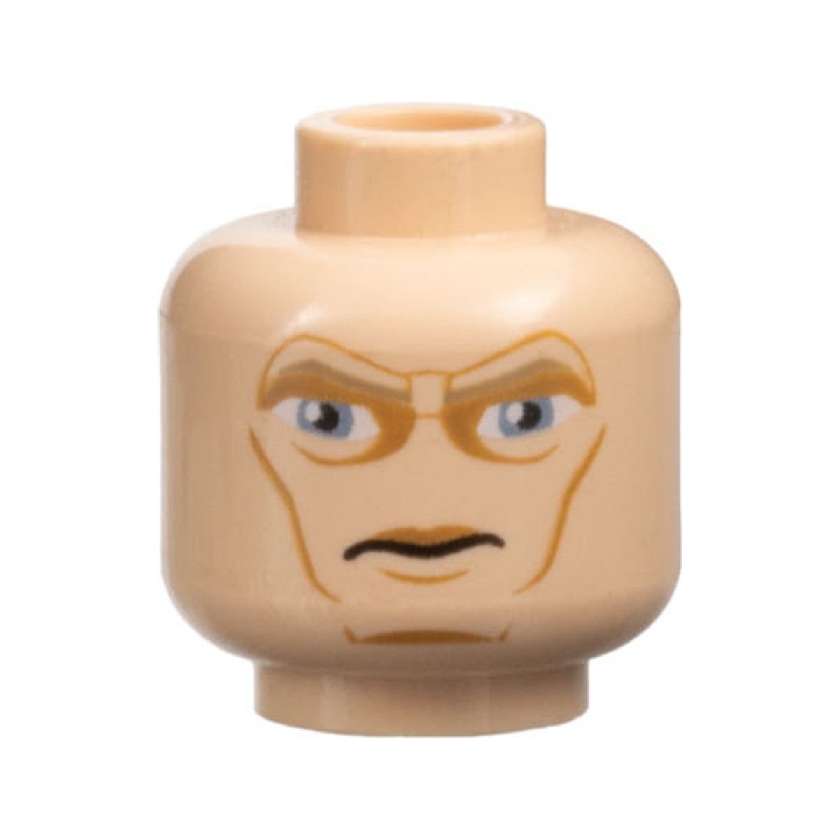 LEGO® Minifigure, Head Dark Tan Eyebrows, Large Sand Blue Eyes, Medium Nougat Eye Shadow, Upper Lip, Cheek Lines and Chin Dimple, Scowl Pattern 3626pb0519 hellnougat