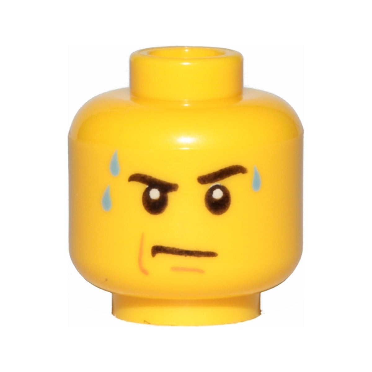 LEGO® Minifigure, Head Black Eyebrows, Left Raised, Bright Light Blue Sweat Drops, Nougat Jowl Line and Chin Dimple, Stern Pattern 3626pb0643 gelb