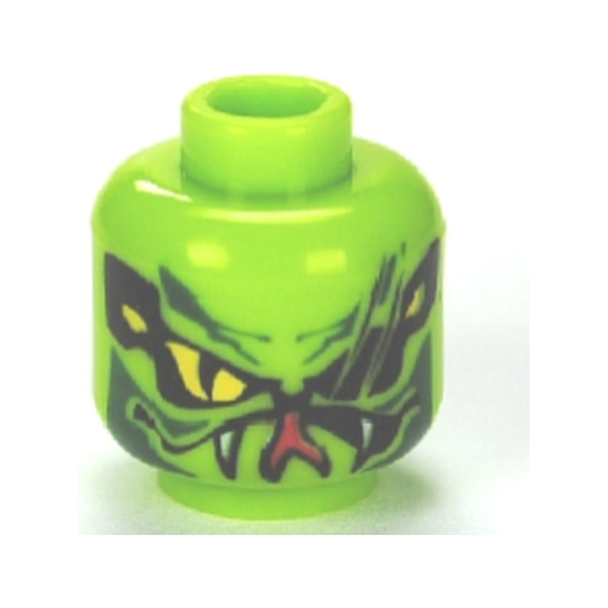 LEGO® Minifigure, Head Alien with Yellow Snake Eyes, Scars Across Left Eye, Dark Green Markings, Wide Lopsided Open Mouth with Fangs and Red Tongue Pattern 3626pb0667 limette