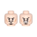 LEGO® Minifigure, Head Dual Sided Black Eyebrows, Trimmed Moustache and Goatee, Medium Nougat Cheek Lines, Determined Grin / Angry Bared Teeth Pattern 3626pb0705 hellnougat