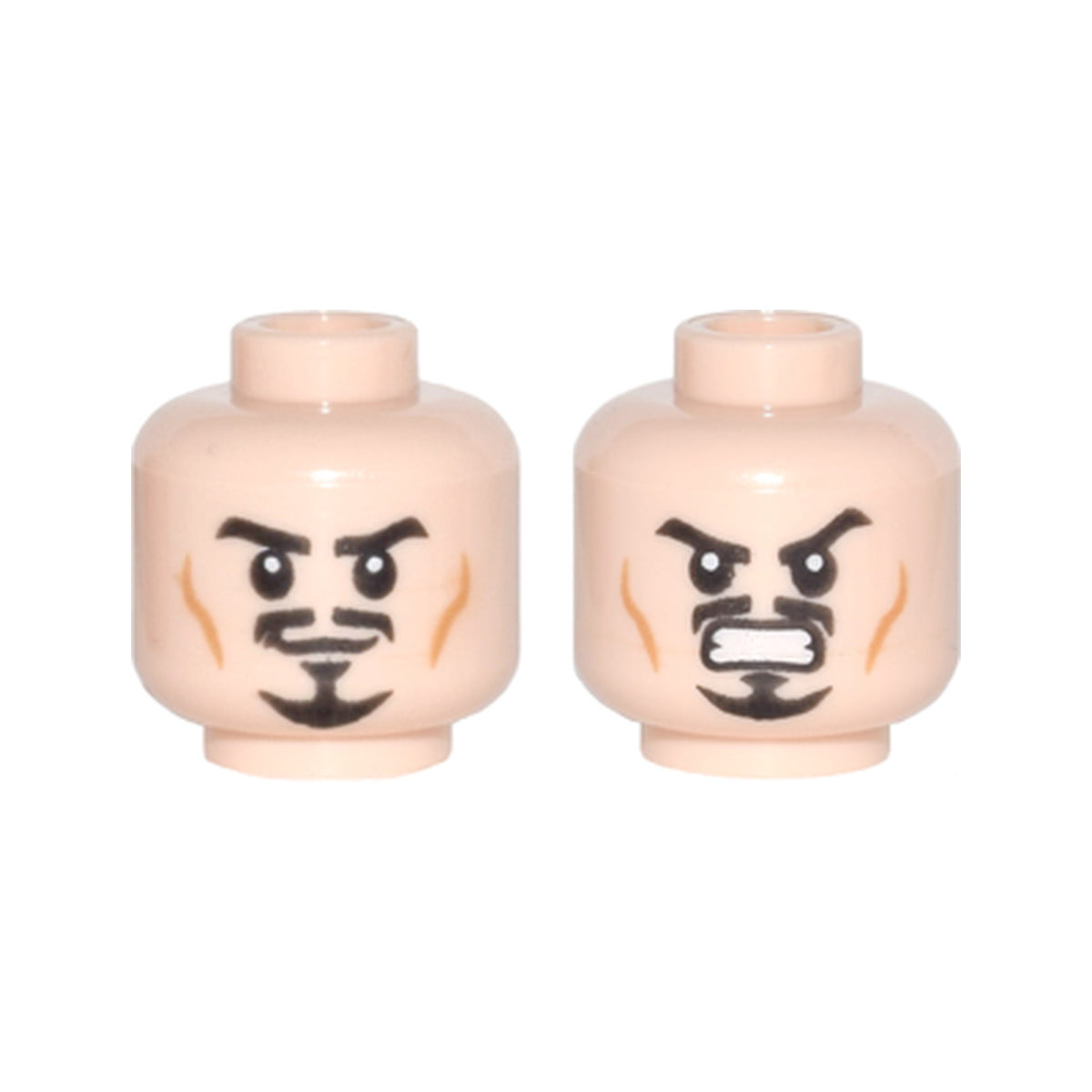 LEGO® Minifigure, Head Dual Sided Black Eyebrows, Trimmed Moustache and Goatee, Medium Nougat Cheek Lines, Determined Grin / Angry Bared Teeth Pattern 3626pb0705 hellnougat