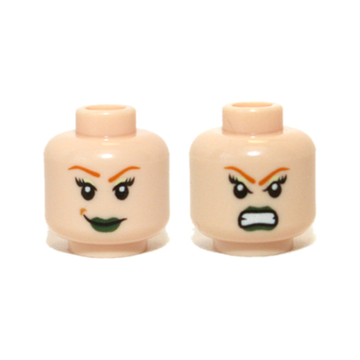 LEGO® Minifigure, Head Dual Sided Female Green Lips and Orange Eyebrows, Smile / Bared Teeth Pattern 3626pb0711 hellnougat