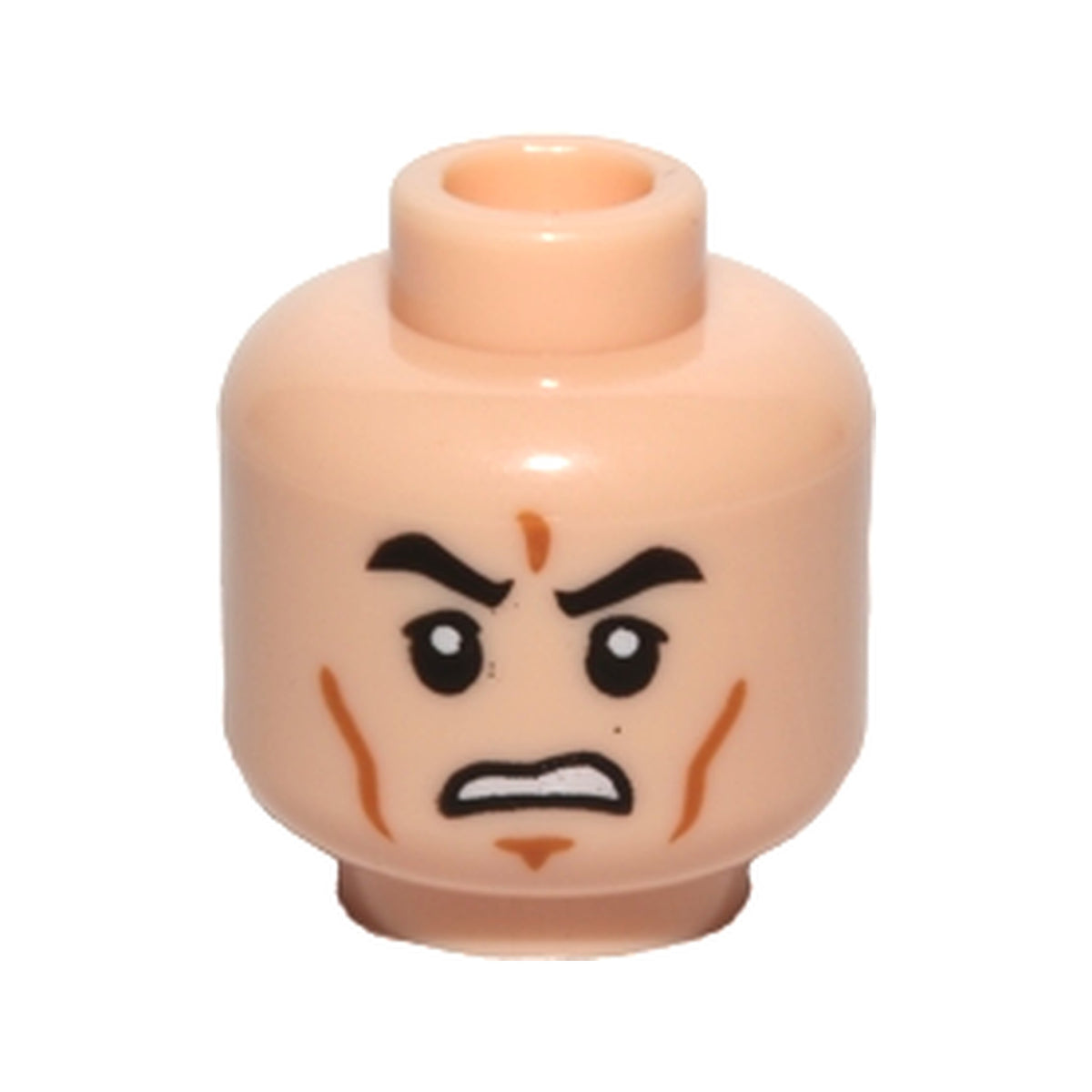 LEGO® Minifigure, Head Black Eyebrows, Upper Eyelids, Medium Nougat Cheek Lines and Chin Dimple, Open Mouth Scowl with Teeth Pattern 3626pb0817 hellnougat