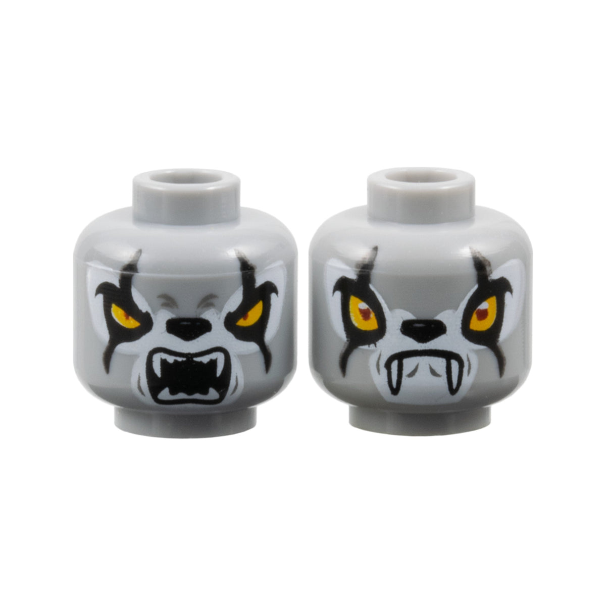 LEGO® Minifigure, Head Dual Sided Alien Chima Wolf with Yellow Eyes, Black Scars, Fangs, Closed Mouth / Open Mouth Pattern 3626pb0864 hellgrau