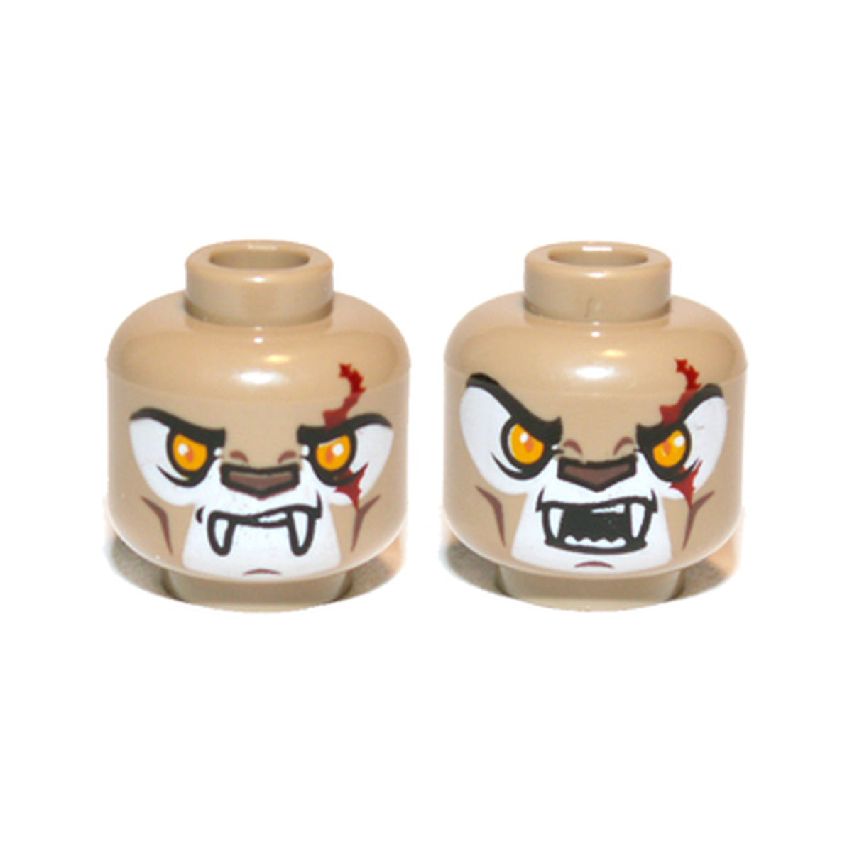 LEGO® Minifigure, Head Dual Sided Alien Chima Lion with Fangs, Bright Light Orange Eyes, Dark Red Scar, Closed Mouth / Open Mouth Pattern 3626pb0882 dunkelbeige