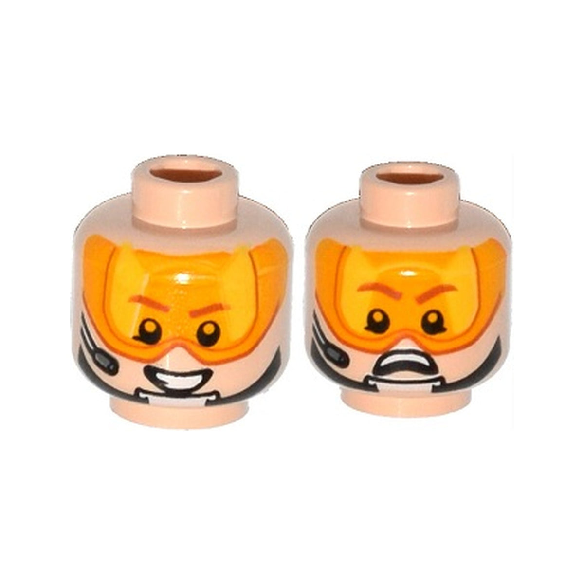 LEGO® Minifigure, Head Dual Sided Orange Visor, Brown Eyebrows, Chin Strap, Headset, Smile / Scared Pattern 3626pb1133 hellnougat