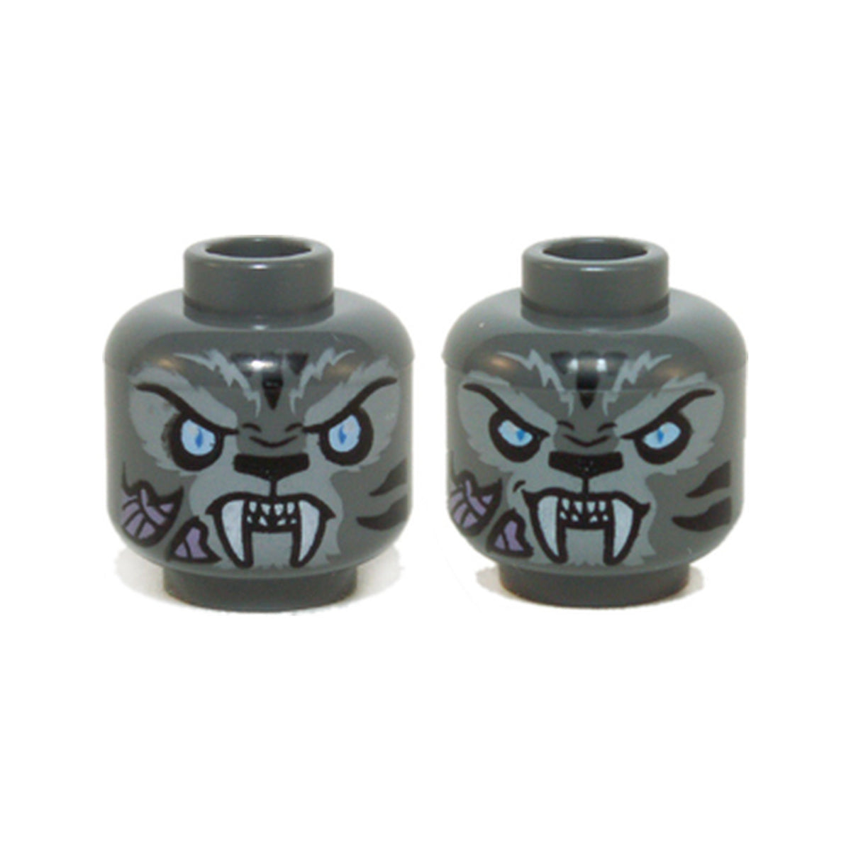 LEGO® Minifigure, Head Dual Sided Alien Chima Tiger with Bright Light Blue Eyes, Black Nose and Stripes, Light Bluish Gray Fur, Medium Lavender Patches, White Fangs, Neutral / Angry Pattern 3626pb1143 dunkelgrau