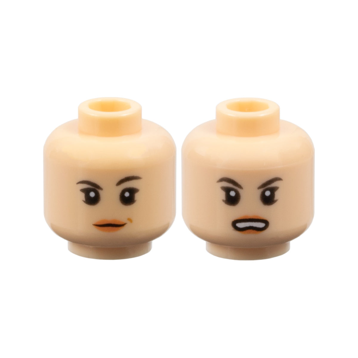 LEGO® Minifigure, Head Dual Sided Female Black Eyebrows, Nougat Lips, Neutral with Dimple and Raised Eyebrow / Open Scowl Pattern 3626pb1237 hellnougat