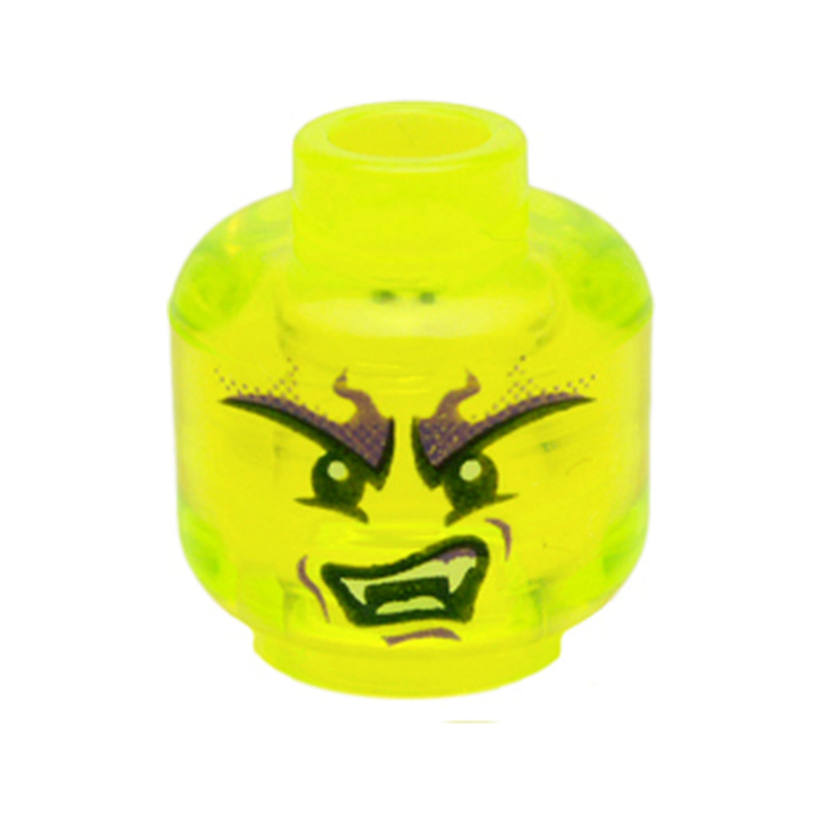 LEGO® Minifigure, Head Alien Ghost with Large Dark Purple and Black Eyebrows, White Fangs, and Lopsided Scowl Pattern 3626pb1390 trans-neon green