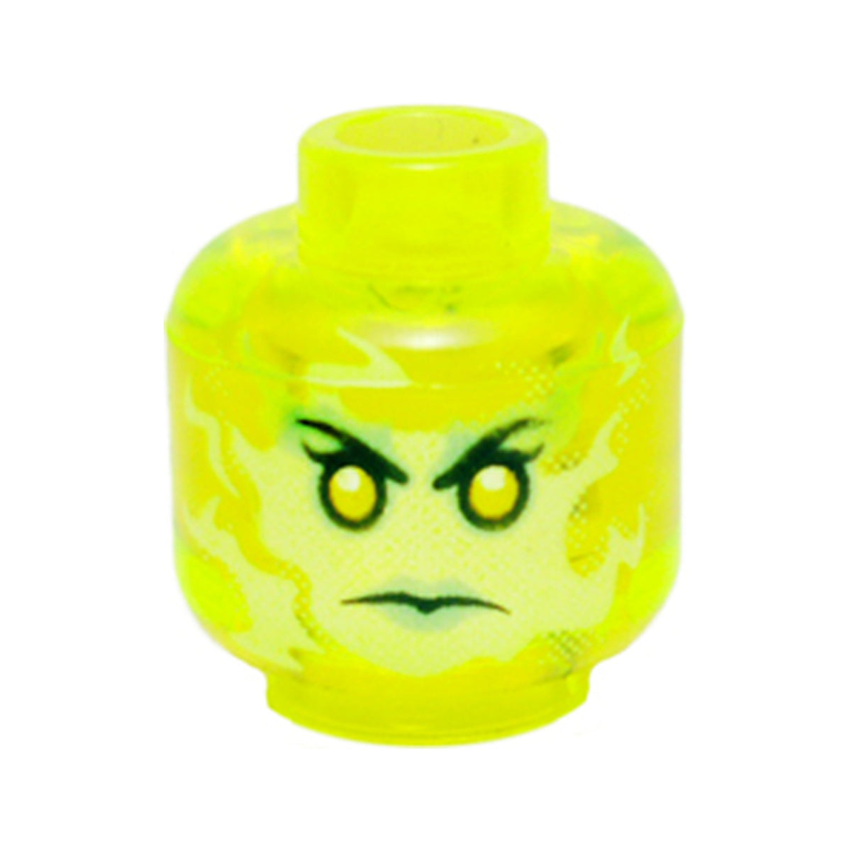 LEGO® Minifigure, Head Alien Female Ghost with Black Eyebrows and Single Eyelashes, Yellow Eyes, Yellowish Green Face, Sand Green Eye Shadow and Lips, Angry Scowl Pattern 3626pb1391 transparent neongrün
