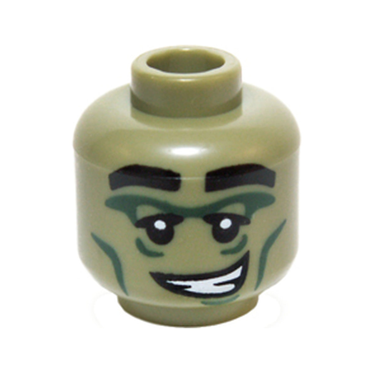 LEGO® Minifigure, Head Alien Monster with Thick Black Eyebrows, Dark Green Eye and Cheek Lines, Crooked Smile with Teeth Pattern 3626pb1411 olivgrün