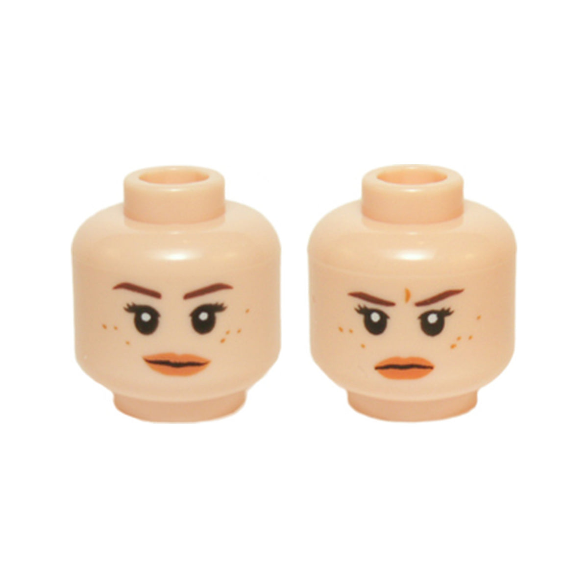 LEGO® Minifigure, Head Dual Sided Female Dark Brown Eyebrows, Black Eyelashes, Freckles, Nougat Lips, Neutral / Stern Pattern 3626pb1419 hellnougat