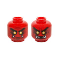 LEGO® Minifigure, Head Dual Sided Alien Lava Monster with Black Thick Eyebrows, Yellow Eyes, Dark Red Eye Shadow and Spots, White Lower Fangs, Frown and Furrowed Brow / Angry Open Mouth with Teeth Parted Pattern 3626pb1488 rot