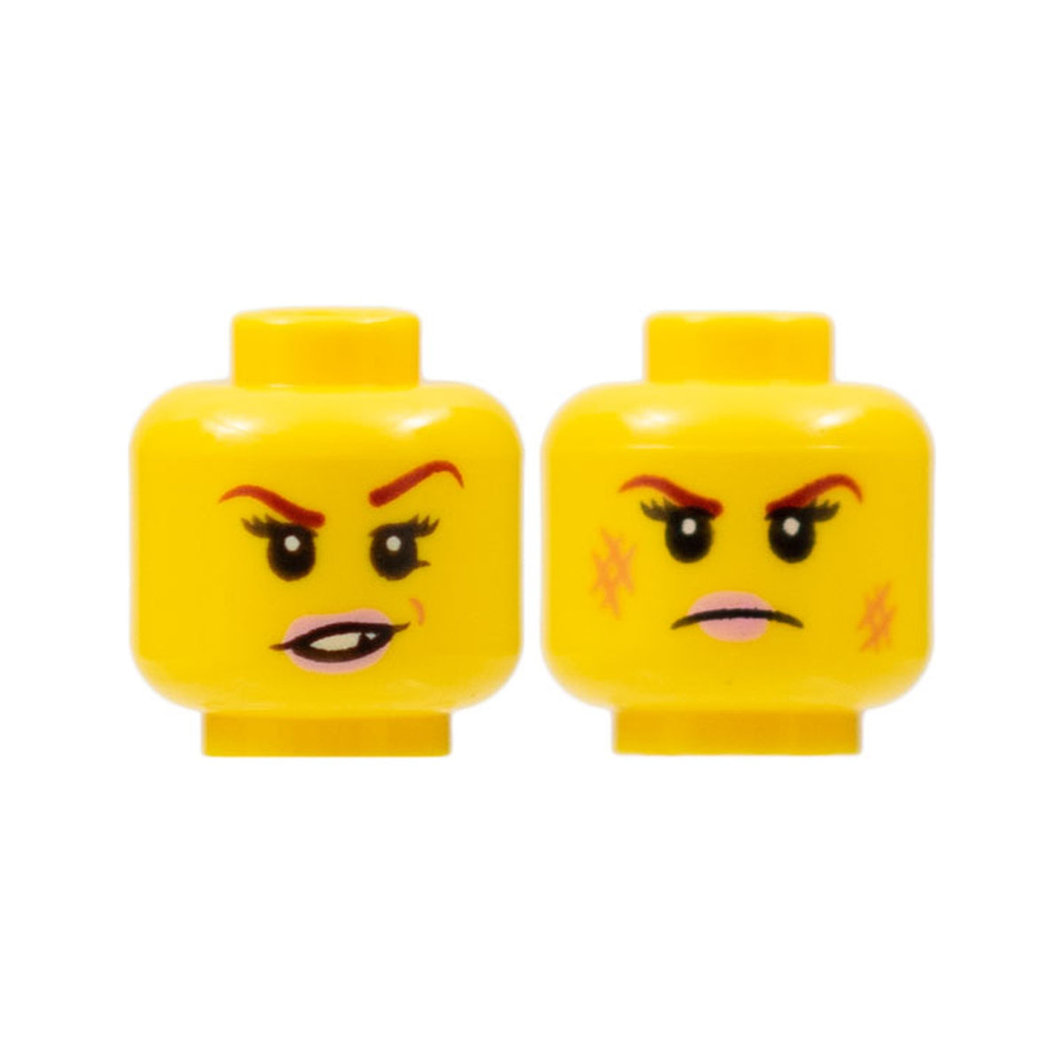 LEGO® Minifigure, Head Dual Sided Female Dark Red Eyebrows, Pink Lips, Frown, Scratches / Eyebrow Raised, Chipped Toothed Smirk Pattern 3626pb1503 gelb