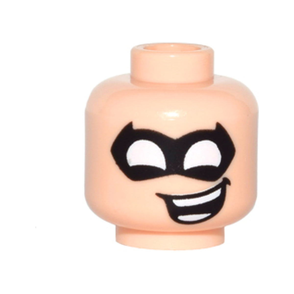 LEGO® Minifigure, Head Black Domino Mask Pointed with Large White Eye Holes, Lopsided Open Mouth Smile with Teeth Parted Pattern 3626pb1541 hellnougat