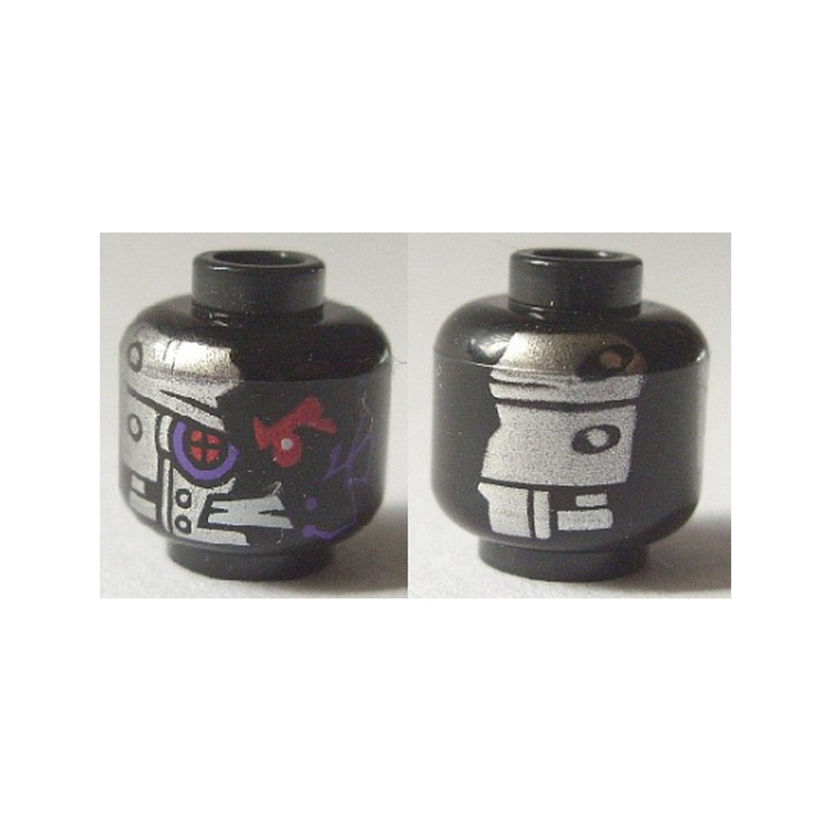 LEGO® Minifigure, Head Alien with Red Mechanical Right Eye, Dark Purple Circuitry, Bared Teeth, and Silver Plates with Rivets on Front and Back Pattern 3626pb1673 schwarz