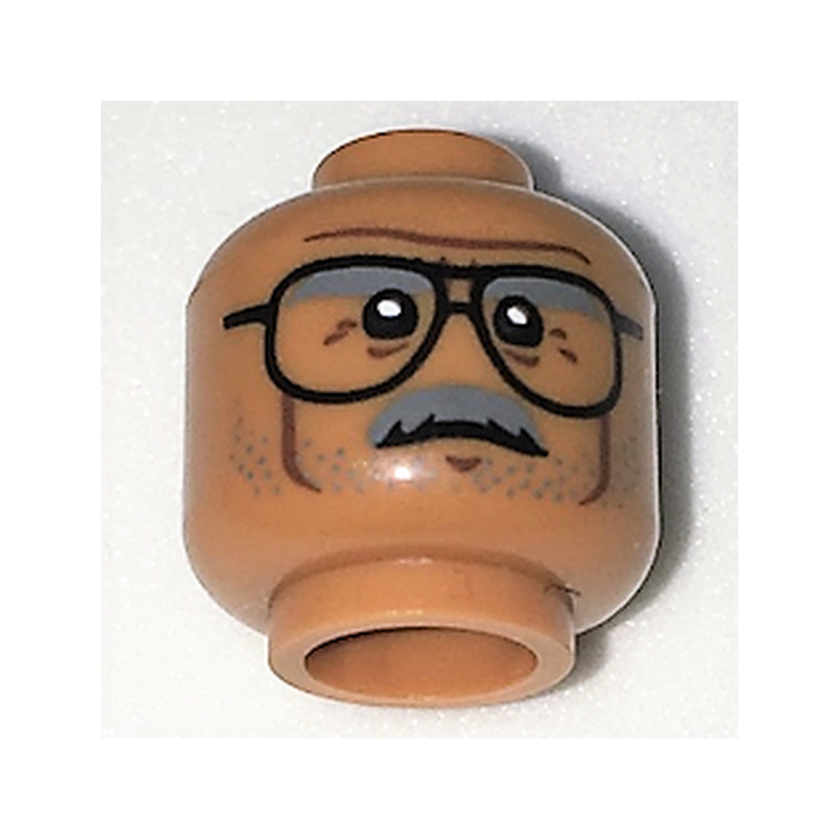 LEGO® Minifigure, Head Dark Bluish Gray Bushy Eyebrows, Moustache, and Stubble, Black Glasses, Dark Brown Cheek Lines, Chin Dimple, and Wrinkles, Furrowed Brow, Stern Pattern 3626pb1715 mittelnougat