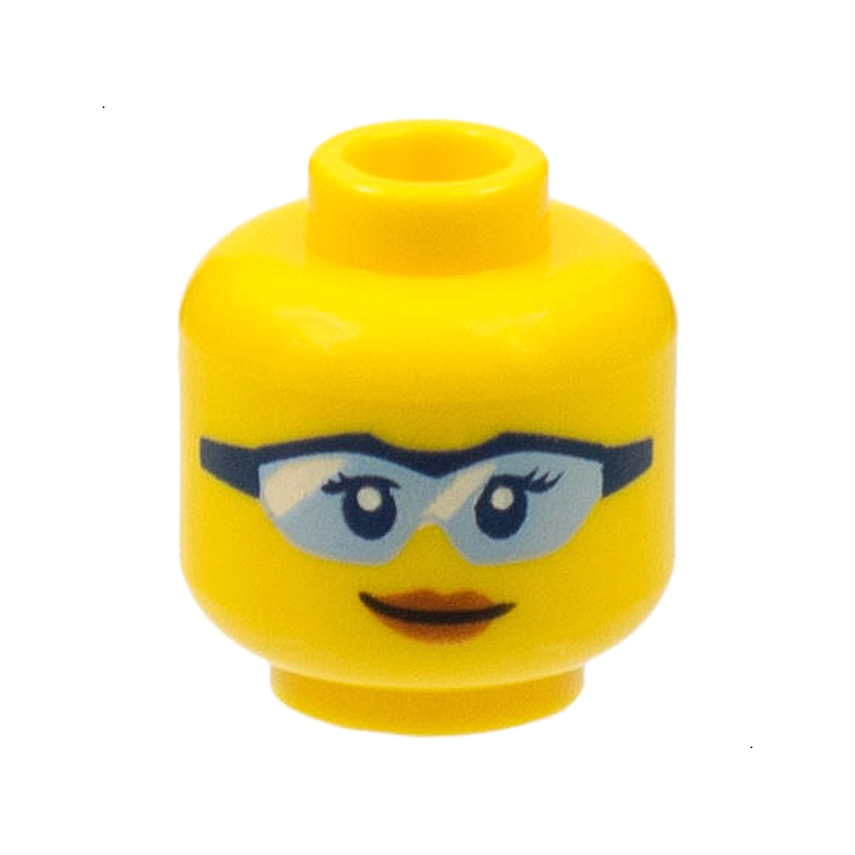 LEGO® Minifigure, Head Female Dark Blue Eyes and Eyelashes, Safety Glasses with Bright Light Blue Lenses and White Reflections, Dark Orange Lips, Slight Lopsided Grin Pattern 3626pb1766 gelb