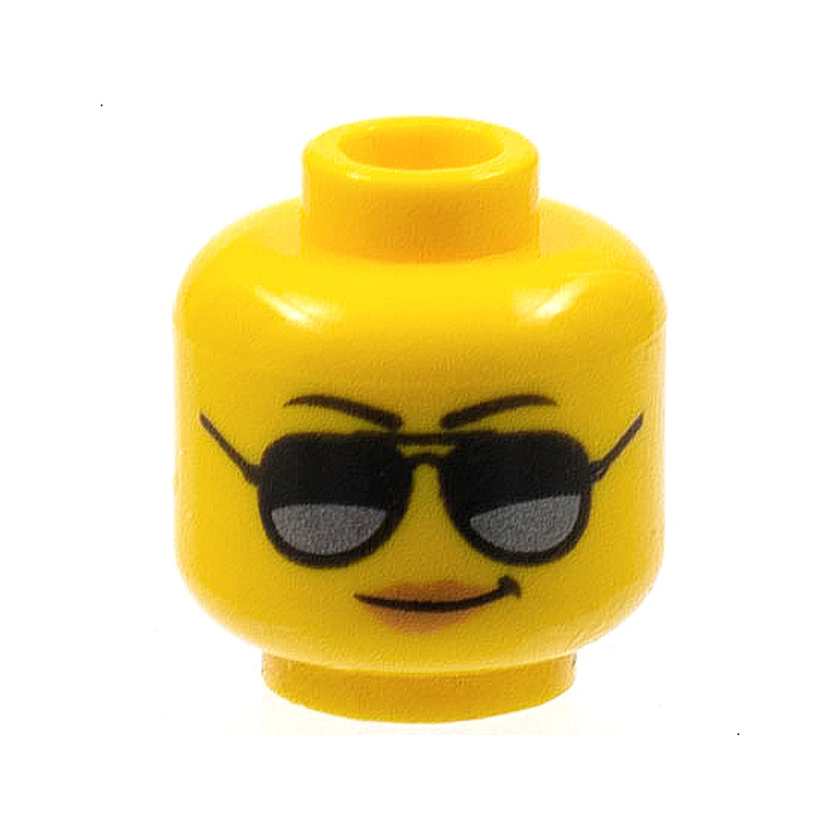 LEGO® Minifigure, Head Female Black Eyebrows, Sunglasses with Dark Silver Reflections, Medium Nougat Lips, Smirk Pattern 3626pb1778 gelb