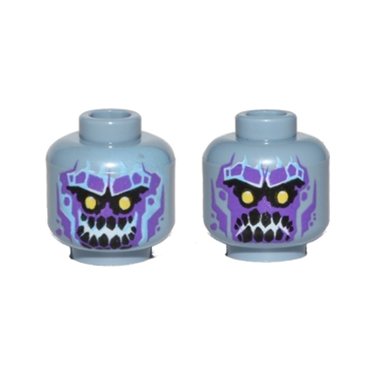 LEGO® Minifigure, Head Dual Sided Alien Stone Monster with Yellow Eyes, Dark Purple Markings, Black Rock Teeth, Smile / Angry Pattern 3626pb1834 sandblau