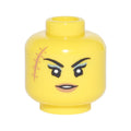 LEGO® Minifigure, Head Female Black Thin Long Eyebrows, Single Eyelashes, Sand Green Eye Shadow, Medium Nougat Lips and Large Scar, Slight Open Mouth Smile with Teeth Pattern 3626pb1880 gelb