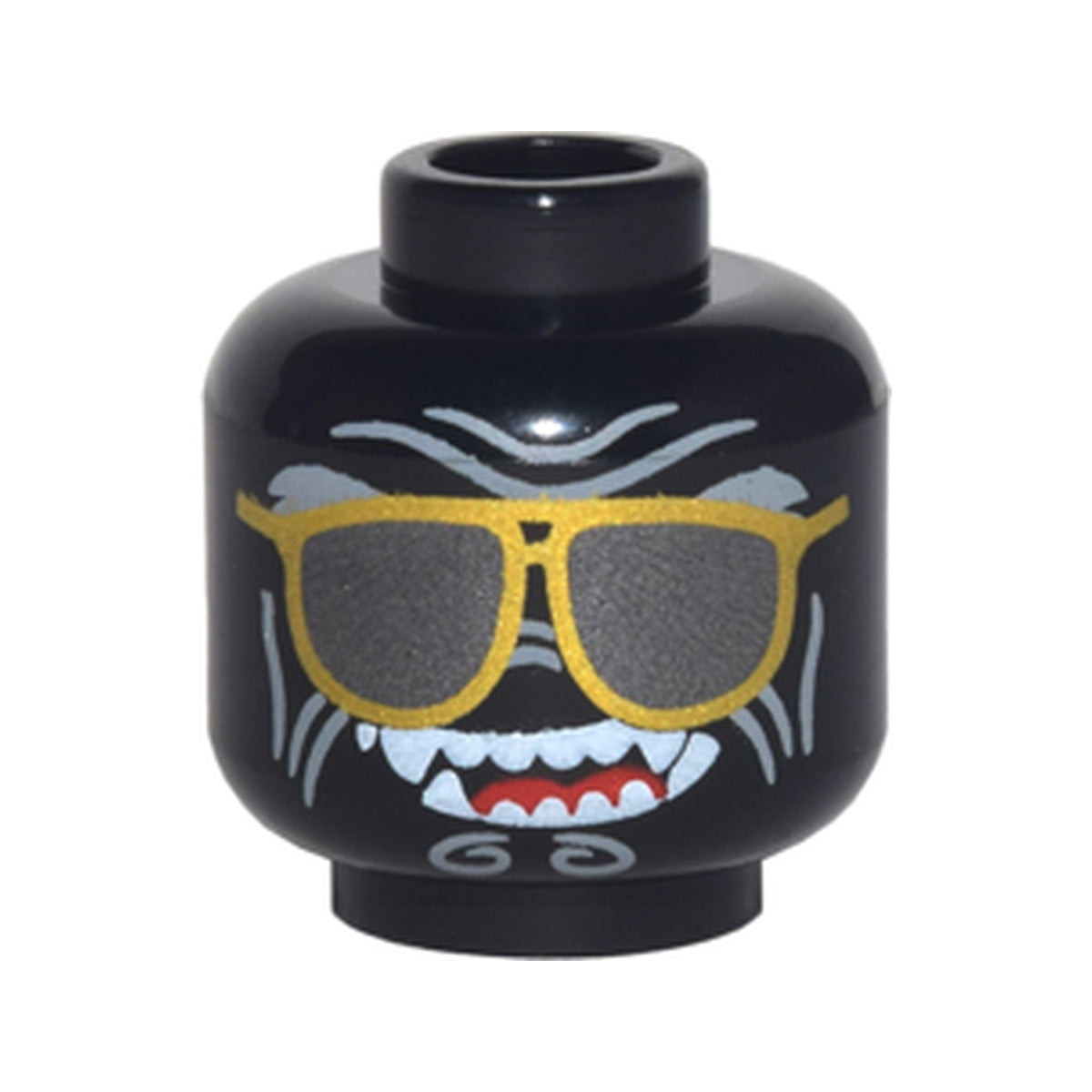 LEGO® Minifigure, Head Alien with Gold Sunglasses with Dark Silver Lenses, Light Bluish Gray Cheek Lines, Chin Swirls and Forehead Creases, Open Mouth Smile with Sharp Teeth Parted and Red Tongue Pattern 3626pb1882 schwarz