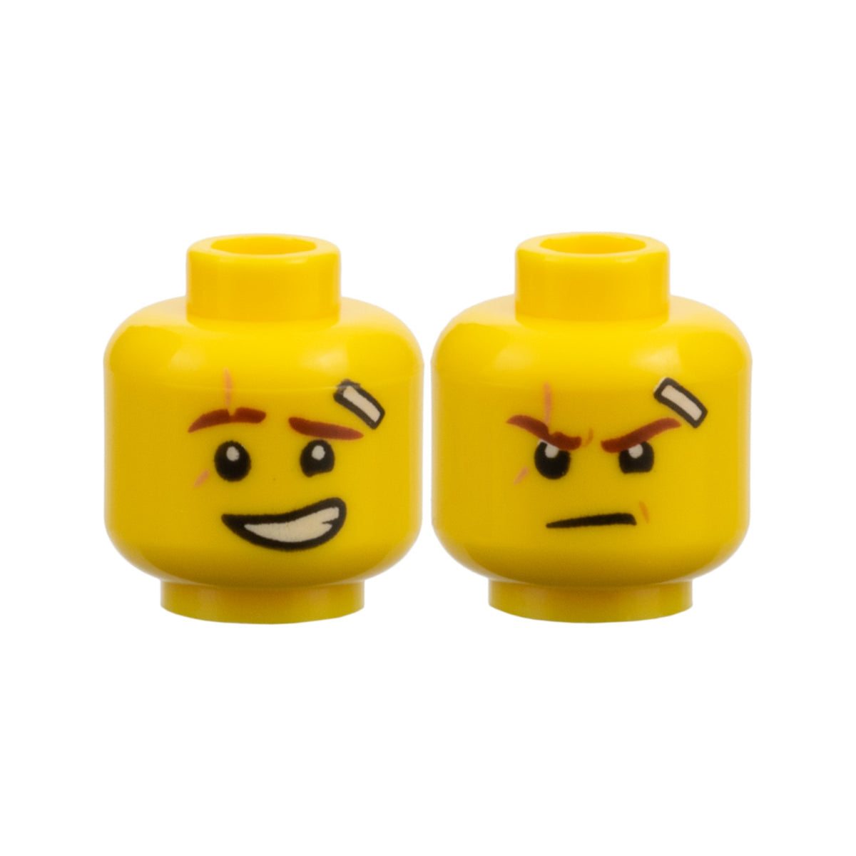 LEGO® Minifigure, Head Dual Sided Reddish Brown Eyebrows, Medium Nougat Scar, Bandage, Lopsided Grin with Teeth / Determined Pattern (Kai) 3626pb1889 gelb