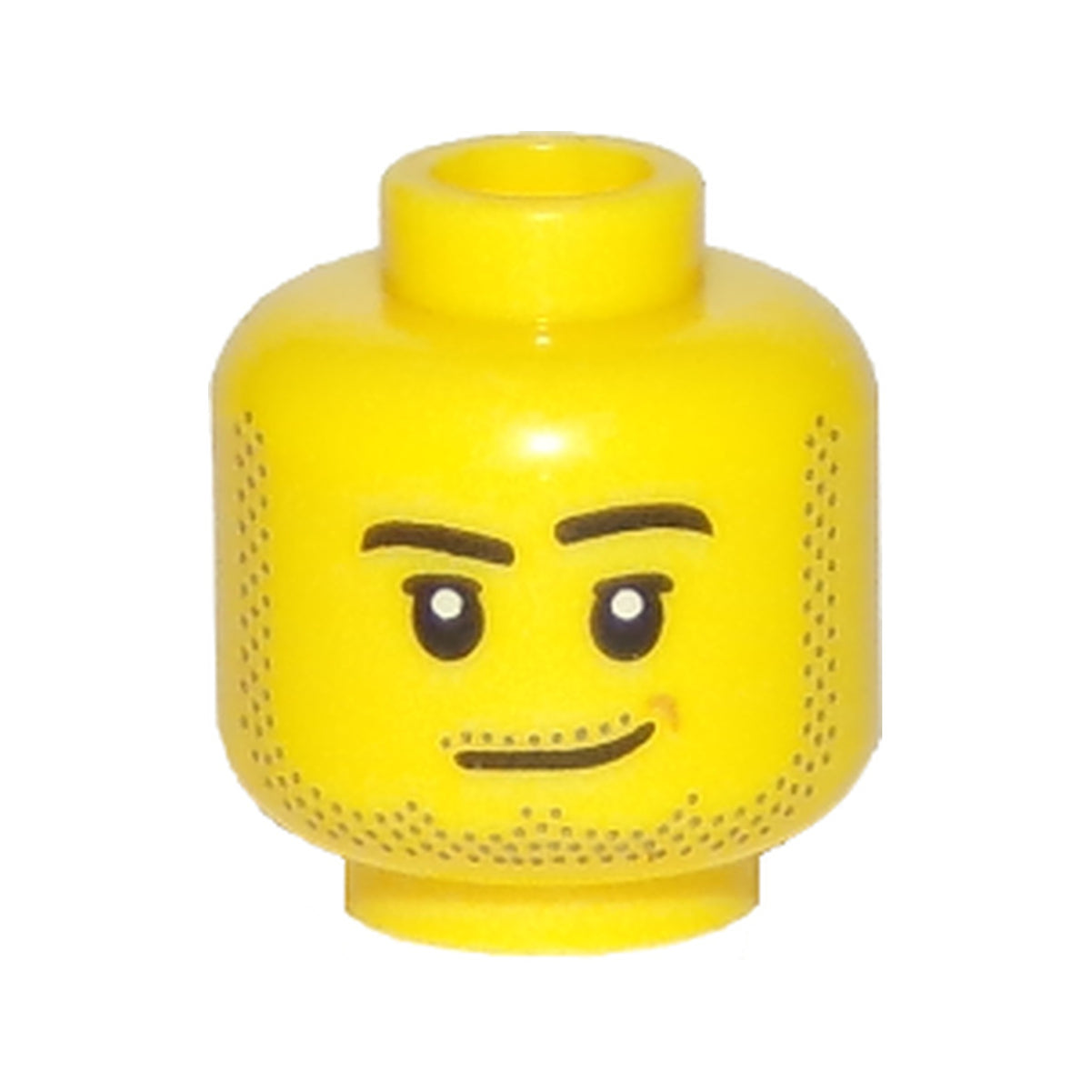 LEGO® Minifigure, Head Male Smirk, Medium Nougat Dimple, Pupils, Dark Bluish Gray Stubble Beard, Moustache, and Sideburns Pattern 3626pb1966 gelb