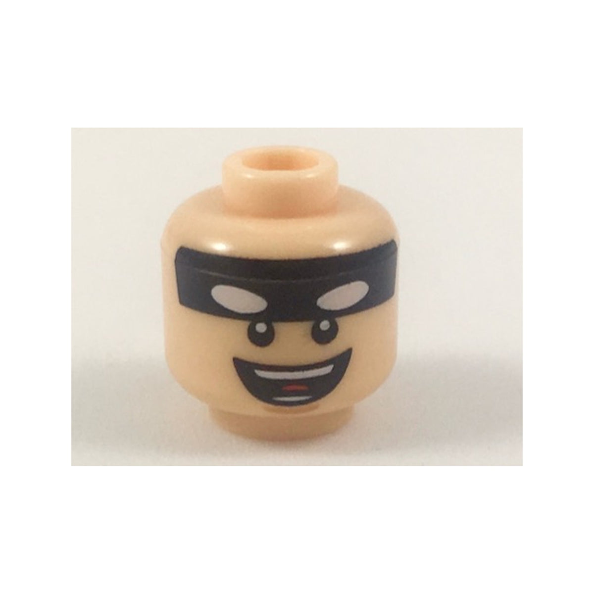 LEGO® Minifigure, Head Black Headband with White Squinted Batman Eyes, Nougat Chin Dimple, Open Mouth Smile with Teeth Parted and Red Tongue Pattern 3626pb1979 hellnougat