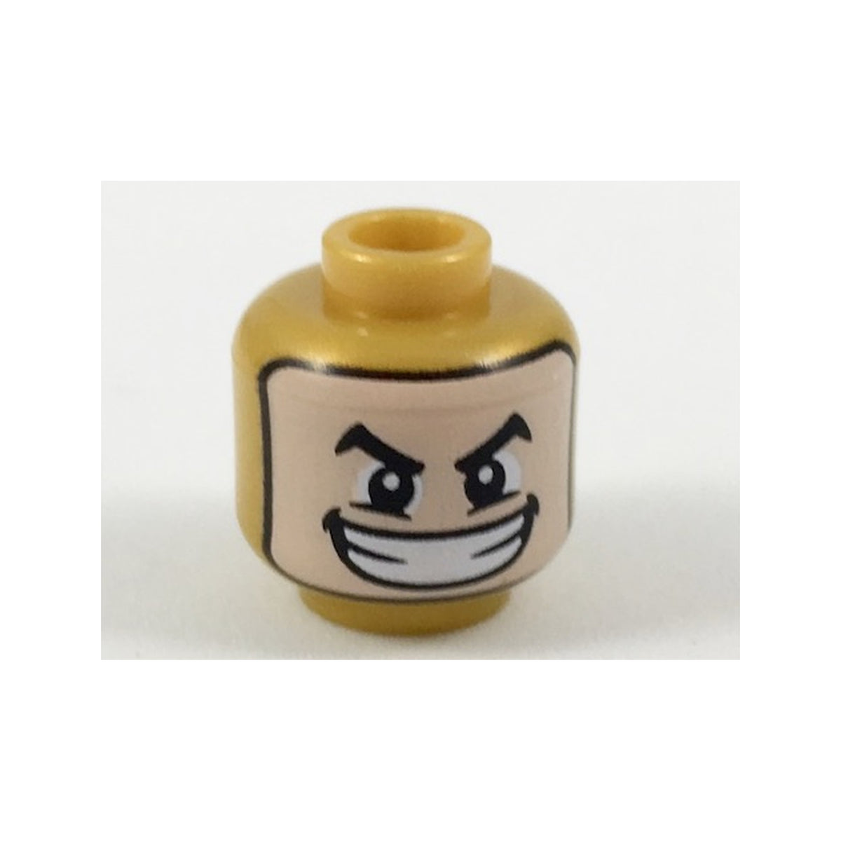 LEGO® Minifigure, Head Balaclava with Light Nougat Face, Black Arched Eyebrows, Wide Smile with Teeth Pattern 3626pb2005 perlgold