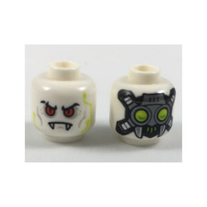 LEGO® Minifigure, Head Alien Vampire with Red Eyes, Light Bluish Gray Cheek Lines and Eye Shadow, Lime Circuitry, Cybernetic Implants, and Closed Mouth with Fangs Pattern 3626pb2011