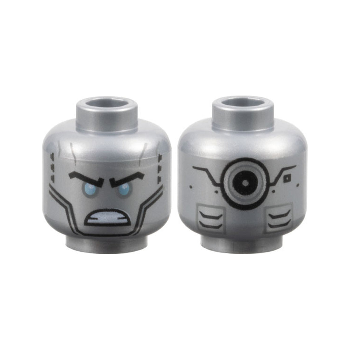 LEGO® Minifigure, Head Alien Robot with Black Eyebrows, Metallic Light Blue Eyes, Cheek Lines, Angry Bared Teeth, Vents and Silver Circle on Back Pattern 3626pb2029 silber