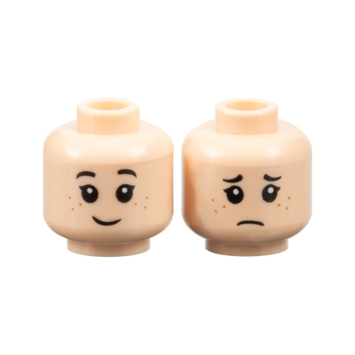 LEGO® Minifigure, Head Dual Sided Child Female Black Eyebrows, Eyelashes, Dark Orange Freckles, Grin / Sad Frown Pattern 3626pb2104 hellnougat