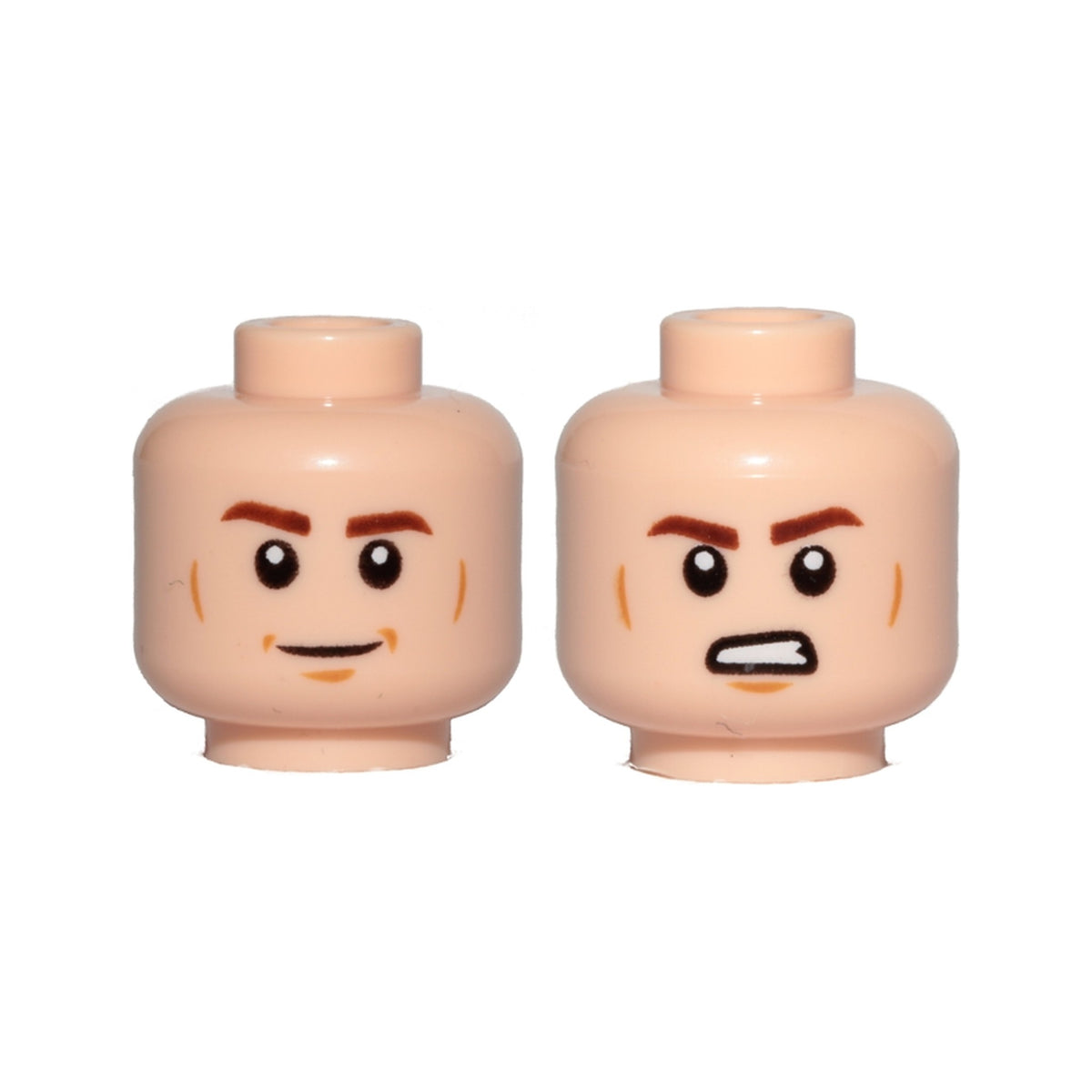 LEGO® Minifigure, Head Dual Sided Reddish Brown Eyebrows, Medium Nougat Cheek Lines and Chin Dimple, Smile / Angry with Bared Teeth Pattern 3626pb2108 hellnougat