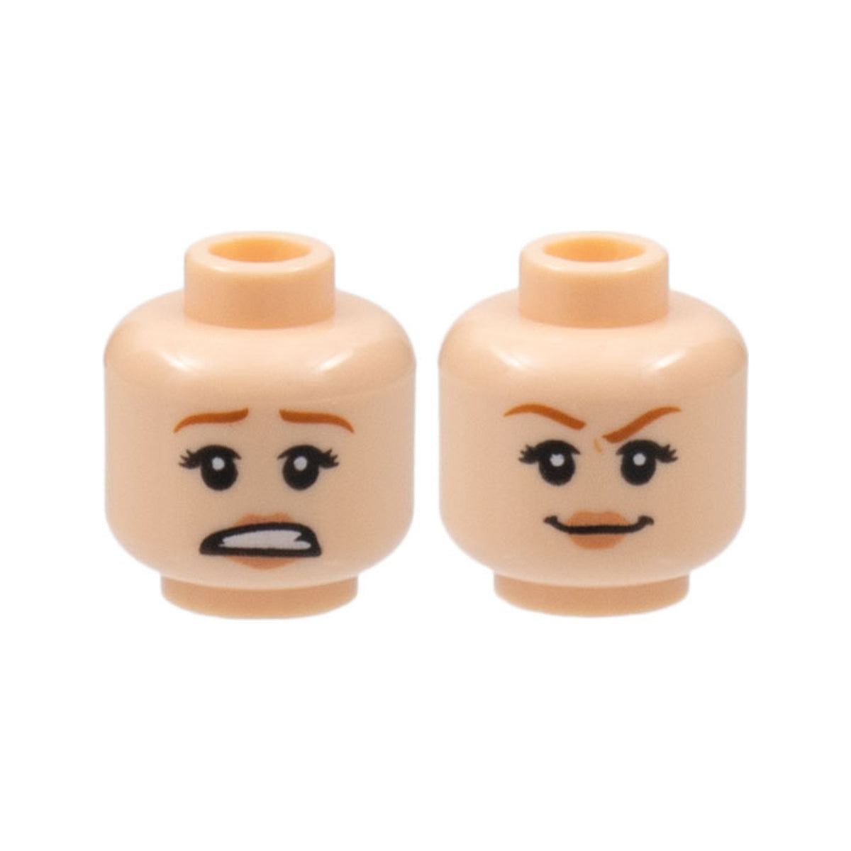 LEGO® Minifigure, Head Dual Sided Female Dark Orange Eyebrows, Black Eyelashes, Nougat Lips, Scared Open Mouth with Teeth / Smirk Pattern 3626pb2128 hellnougat