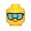 LEGO® Minifigure, Head Female Dark Blue Eyebrows, Eyelashes, and Eyes, Black Ski Goggles with Medium Azure Lens, Nougat Lips, Grin Pattern 3626pb2139 gelb