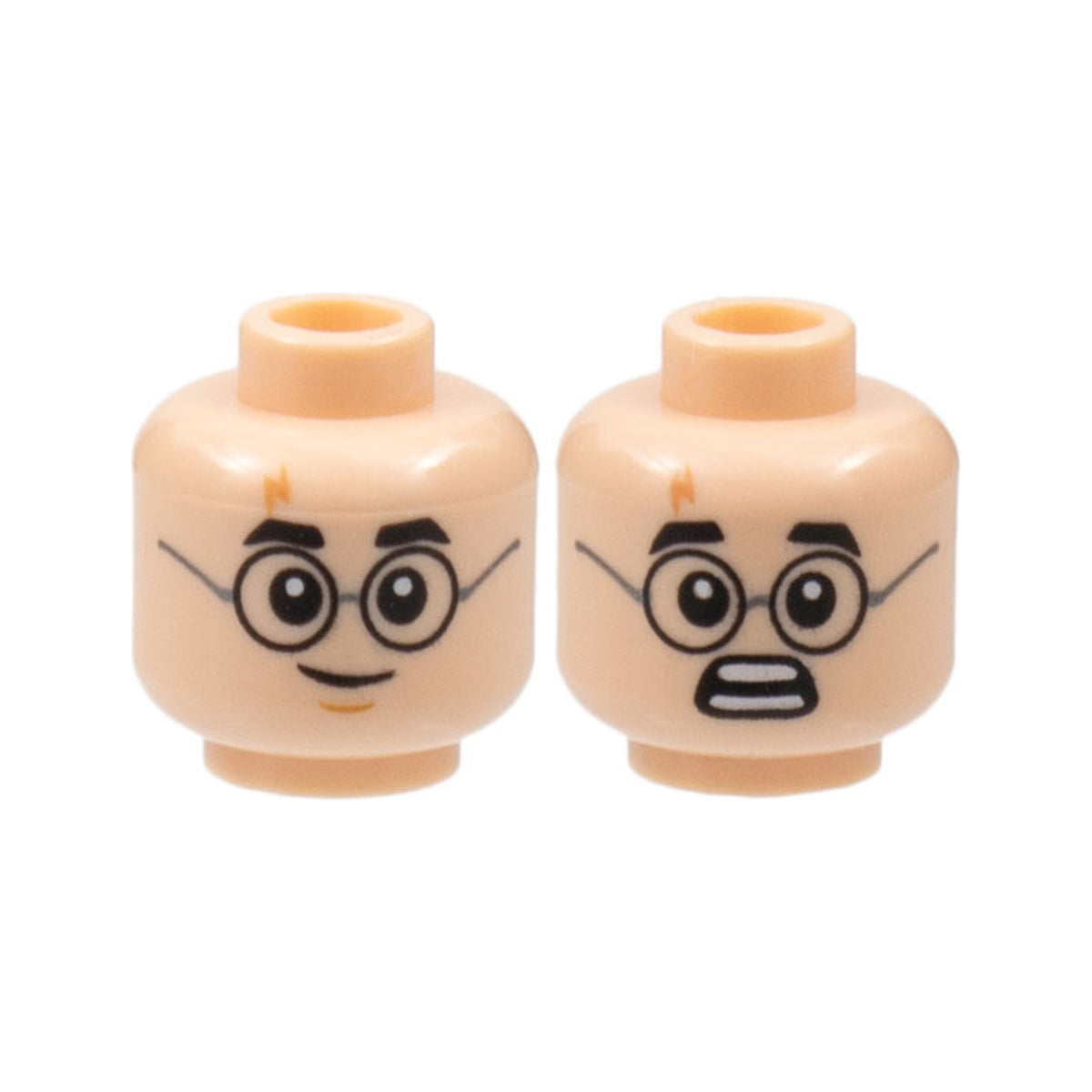LEGO® Minifigure, Head Dual Sided Black Thick Eyebrows, Round Glasses with Dark Silver Temples, Nougat Lightning Bolt Scar, Lopsided Grin with Medium Nougat Chin Dimple / Scared Open Mouth with Teeth Parted Pattern 3626pb2168 hellnougat