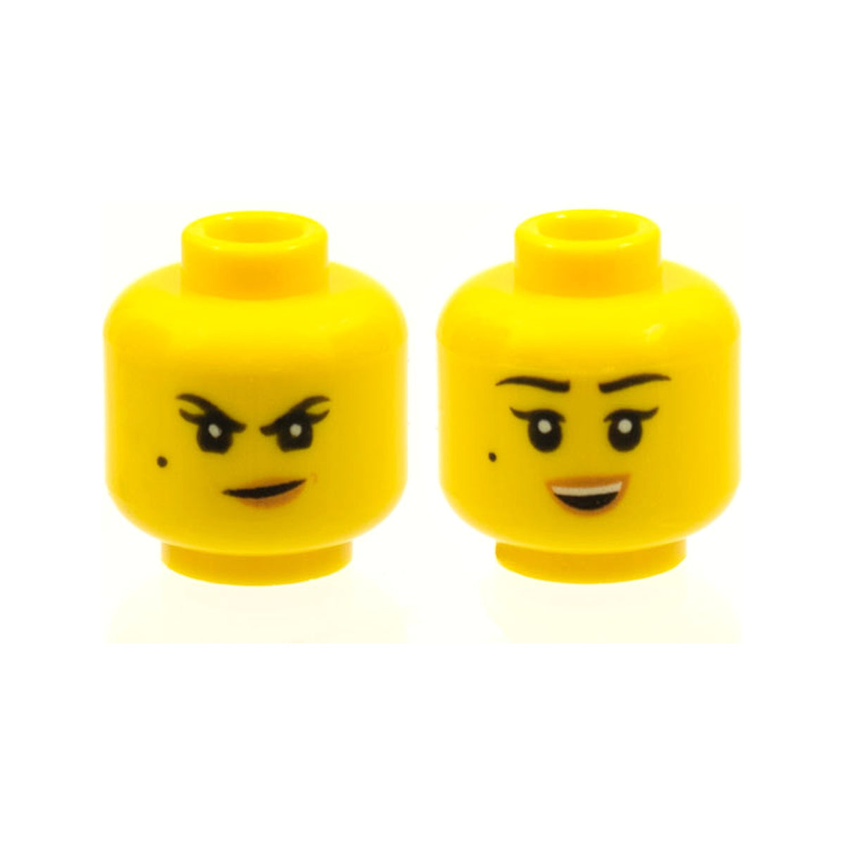 LEGO® Minifigure, Head Dual Sided Female Black Eyebrows, Single Eyelashes, and Beauty Mark, Nougat Lips, Smirk with Dimple / Open Mouth Smile with Top Teeth Pattern 3626pb2249 gelb