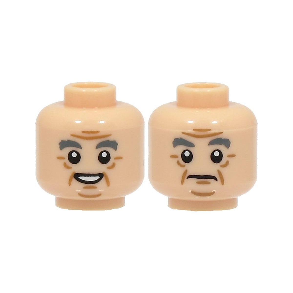 LEGO® Minifigure, Head Dual Sided Dark Bluish Gray Bushy Eyebrows, Medium Nougat Jowl Lines, Chin Dimple, Forehead Creases and Wrinkles, Open Mouth Smile with Teeth / Frown Pattern 3626pb2259 hellnougat