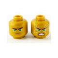 LEGO® Minifigure, Head Dual Sided Reddish Brown Eyebrows and Mouth, Green Eyes with Gold Energy Effect, Frown / Fierce Outburst Pattern 3626pb2290 perlgold