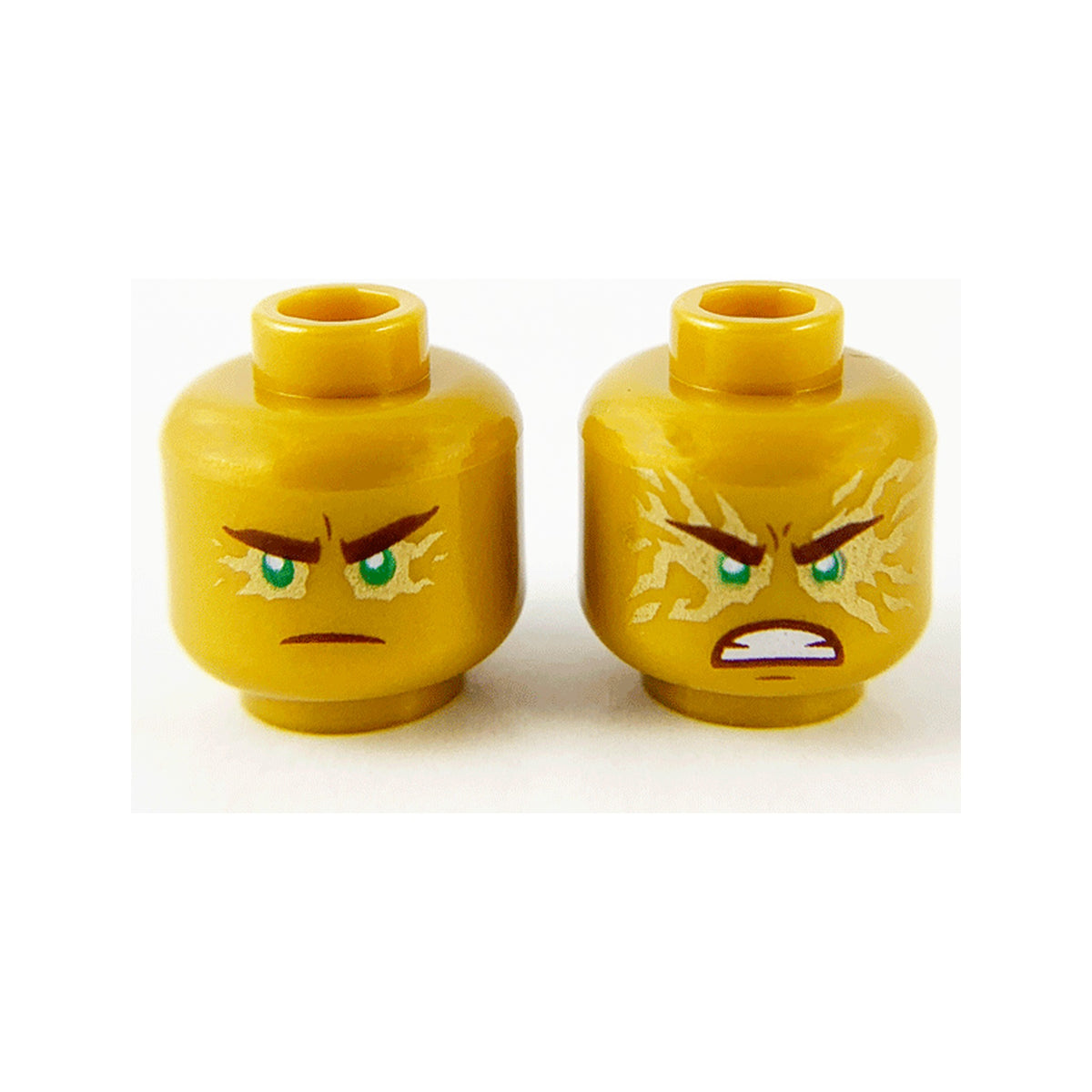 LEGO® Minifigure, Head Dual Sided Reddish Brown Eyebrows and Mouth, Green Eyes with Gold Energy Effect, Frown / Fierce Outburst Pattern 3626pb2290 perlgold
