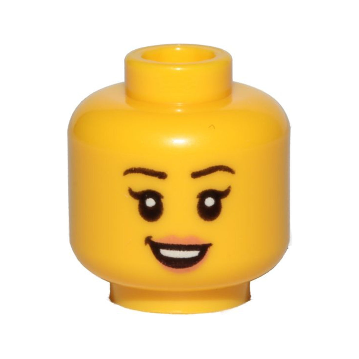 LEGO® Minifigure, Head Female Black Eyebrows, Single Eyelashes, Nougat Lips, Open Mouth Smile with Top Teeth Pattern 3626pb2381 gelb