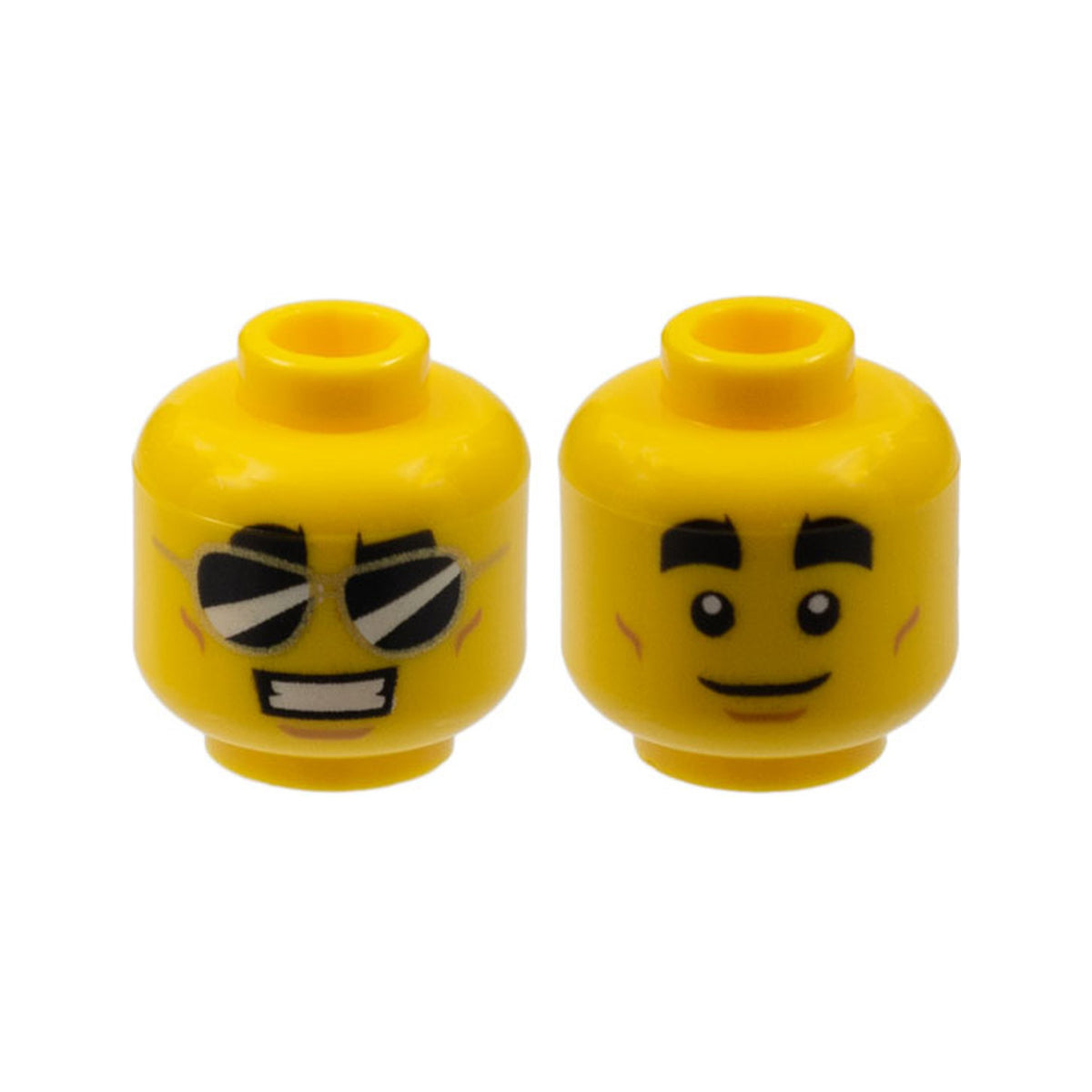 LEGO® Minifigure, Head Dual Sided Thick Black Eyebrows, Black Sunglasses, Smile with Teeth / White Pupils, Closed Mouth Pattern 3626pb2396 gelb