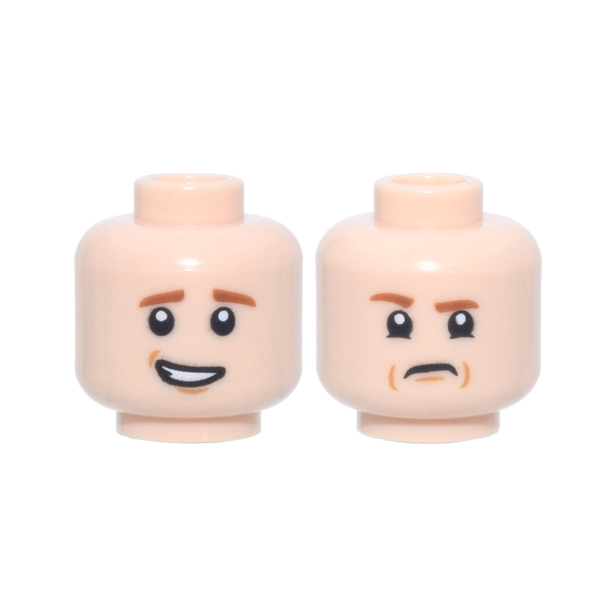 LEGO® Minifigure, Head Dual Sided Dark Orange Eyebrows, Medium Nougat Chin Dimple, Lopsided Open Mouth Smile with Teeth / Lower Eyelids and Angry Frown Pattern 3626pb2412 hellnougat